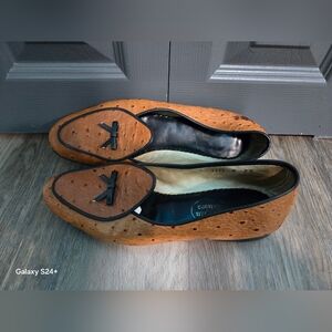 VINTAGE Ostrich Leather Belgian Loafer Flats 7.5 M Vion Shoes Exotic Brown Black